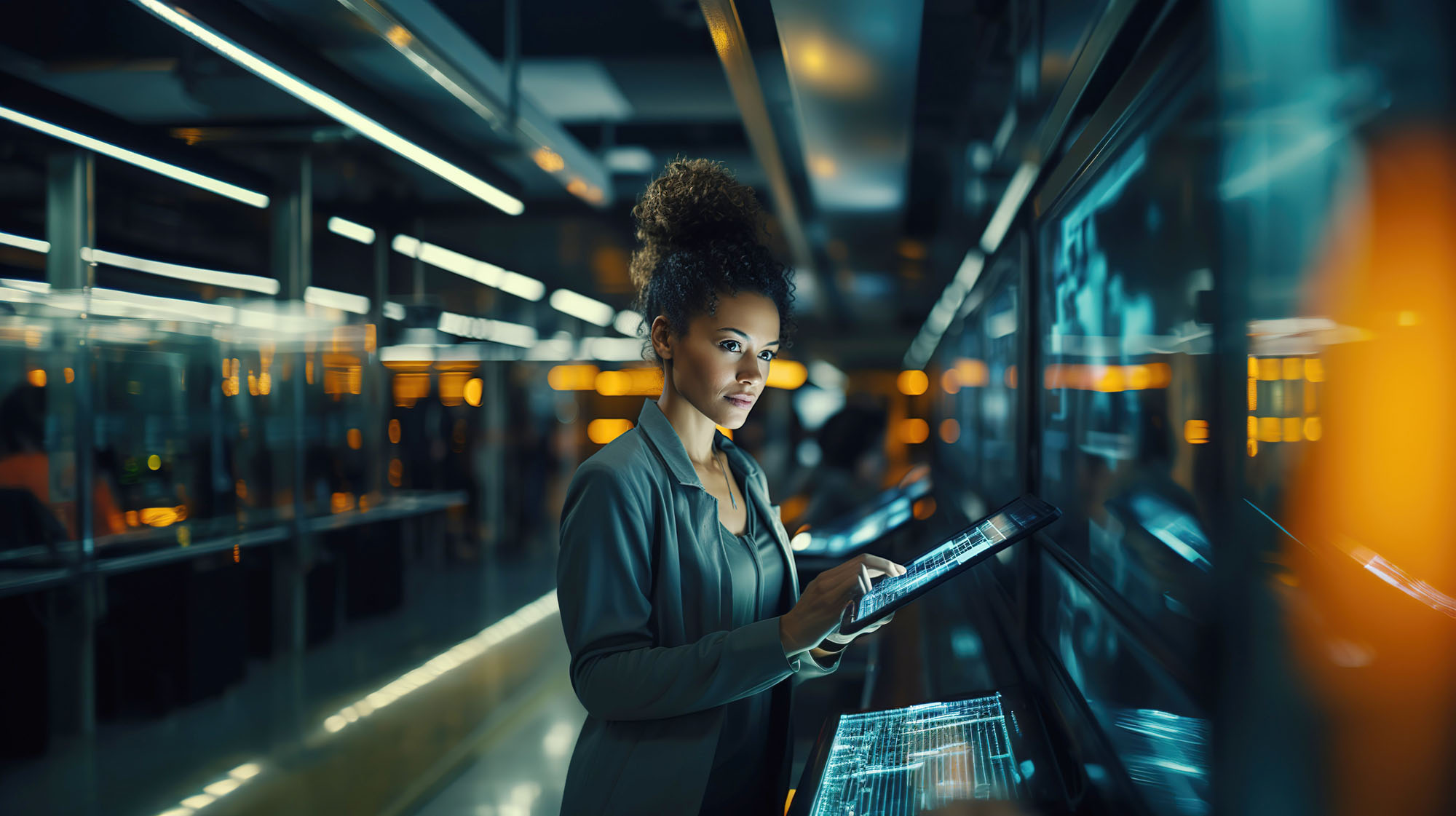 Woman in a large server room