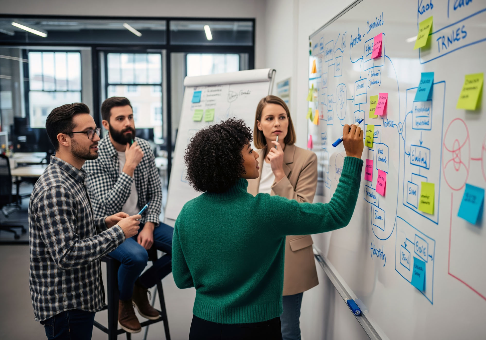 People collaborating at a whiteboard