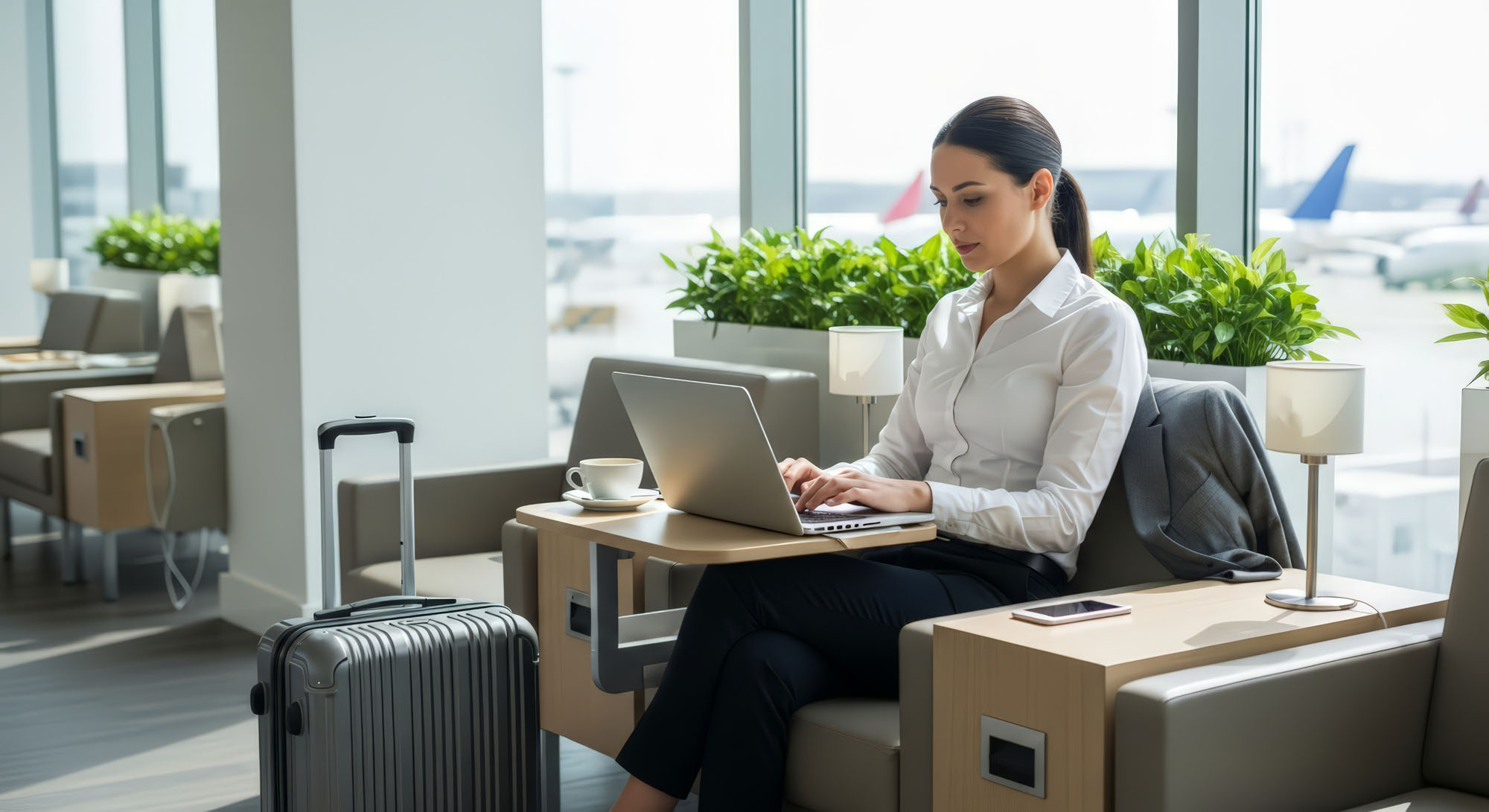 Woman traveler working in the terminal
