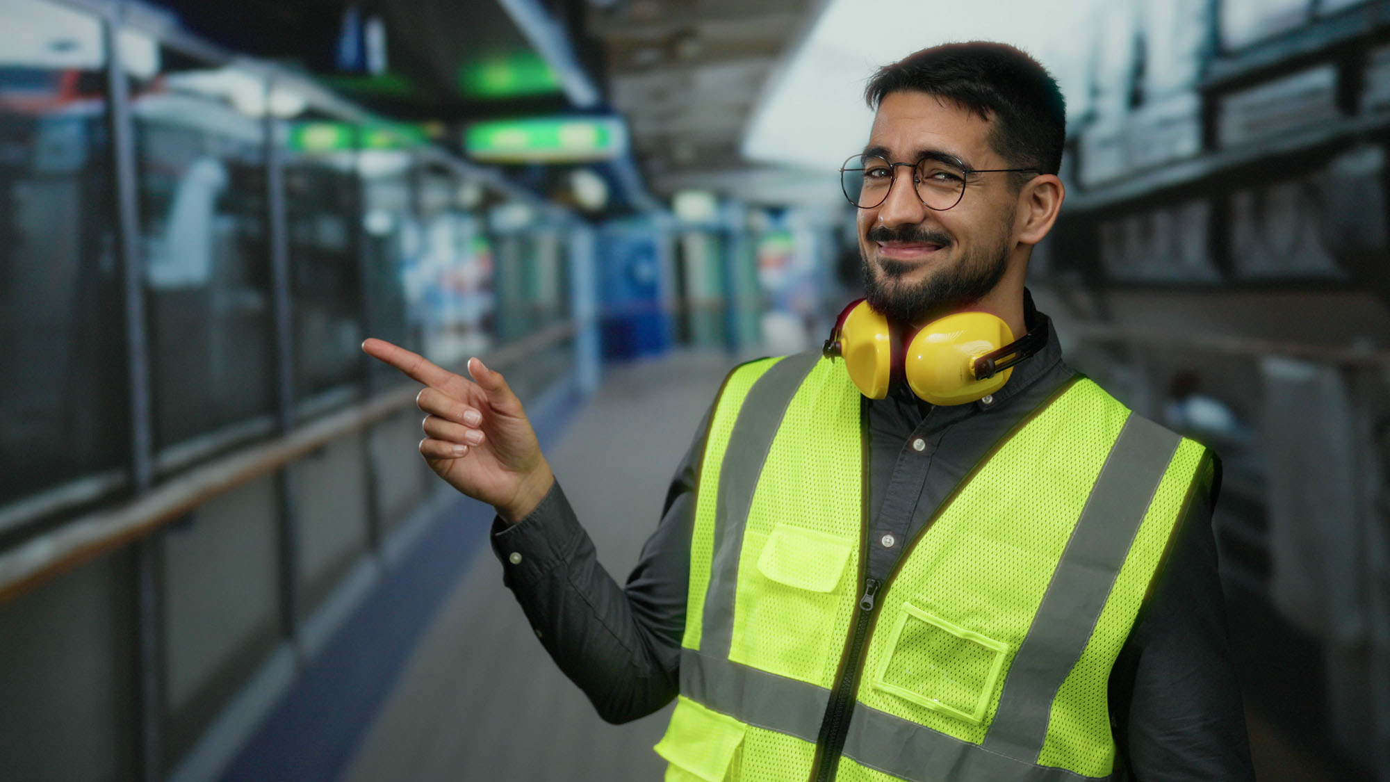 Transit employee pointing at a train
