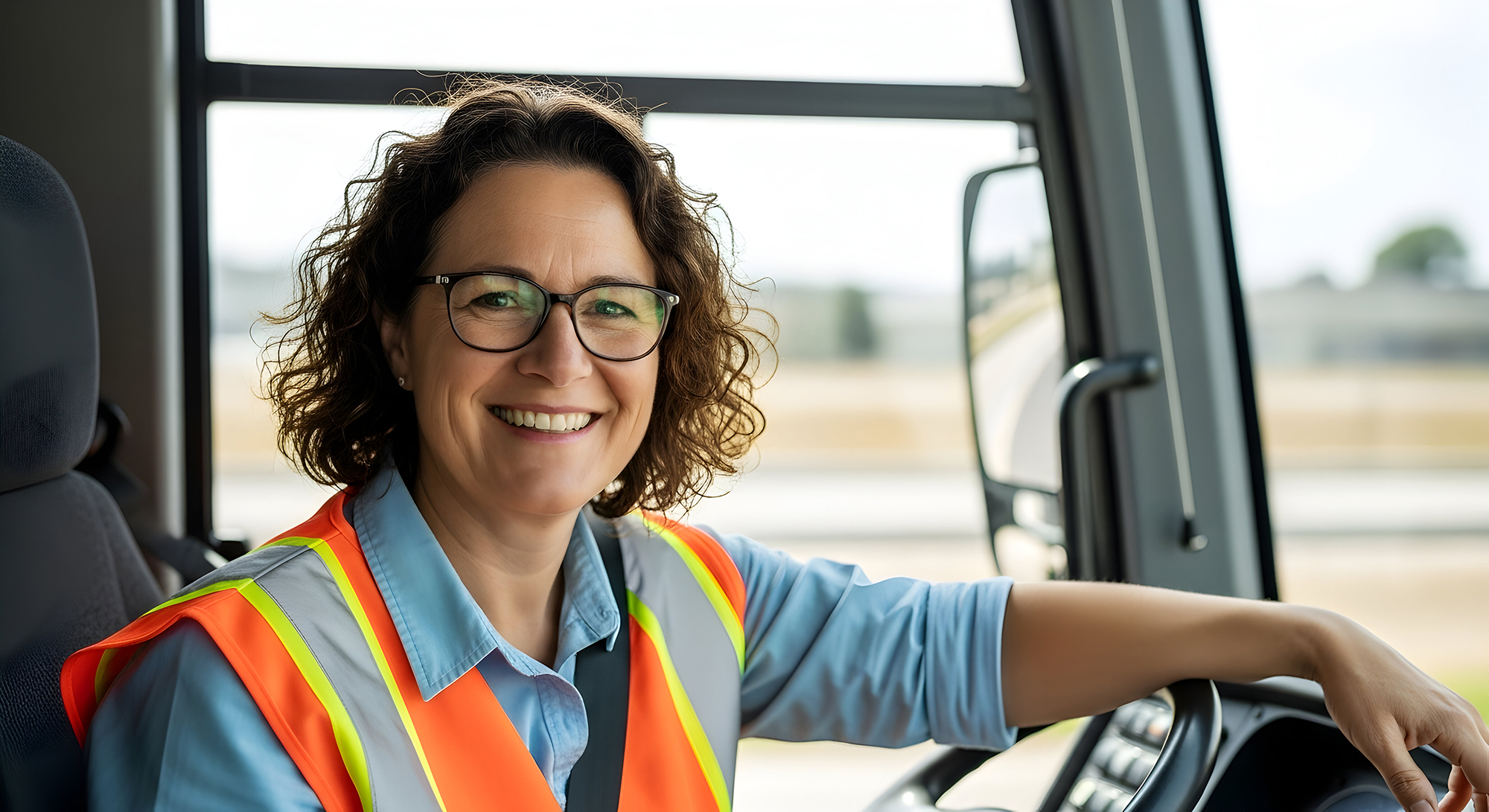 A smiling woman bus driver