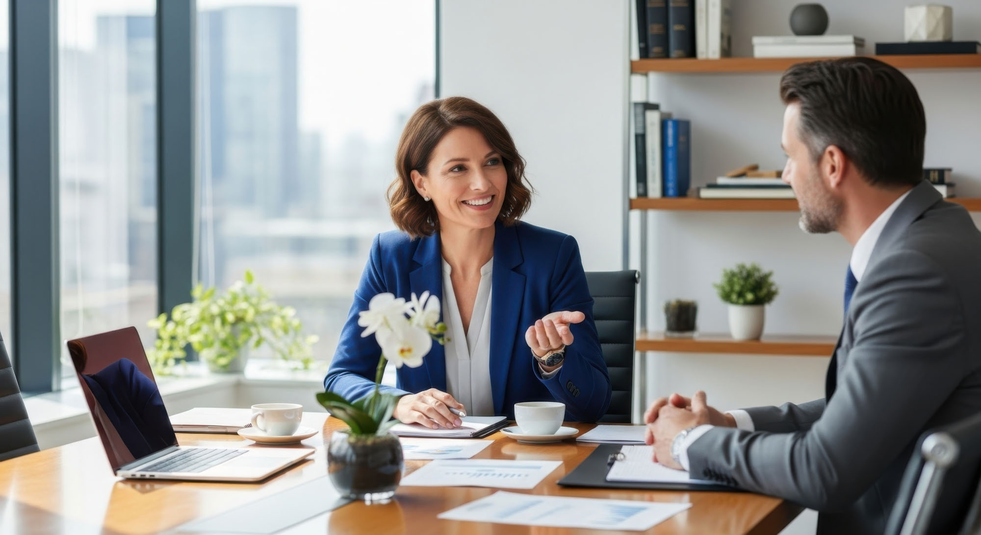 2 people talking business consulting