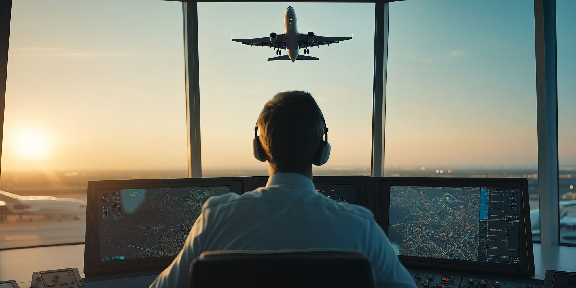 Air traffic controller looking at plane in flight