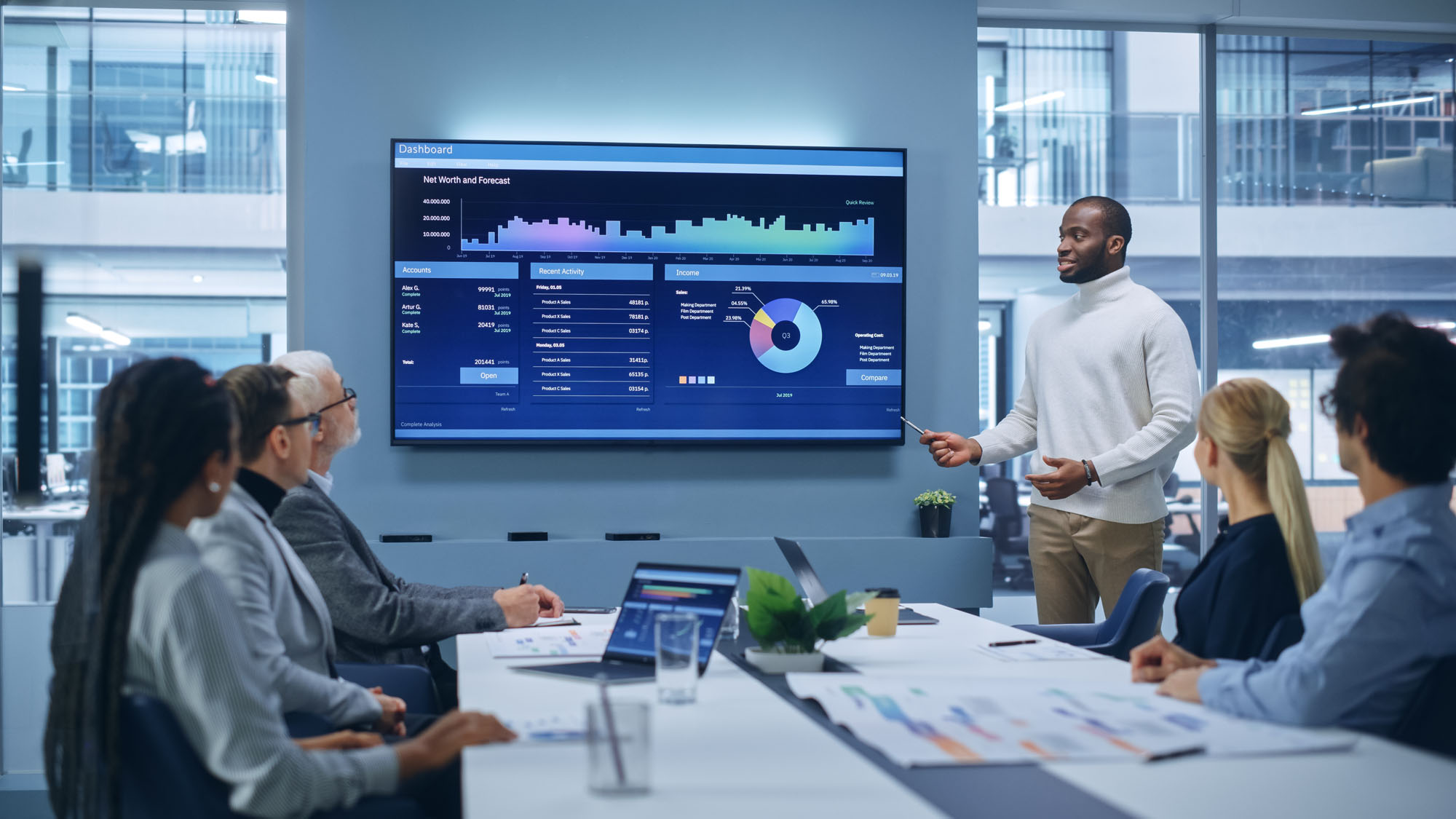 Man presenting to a conference table of people