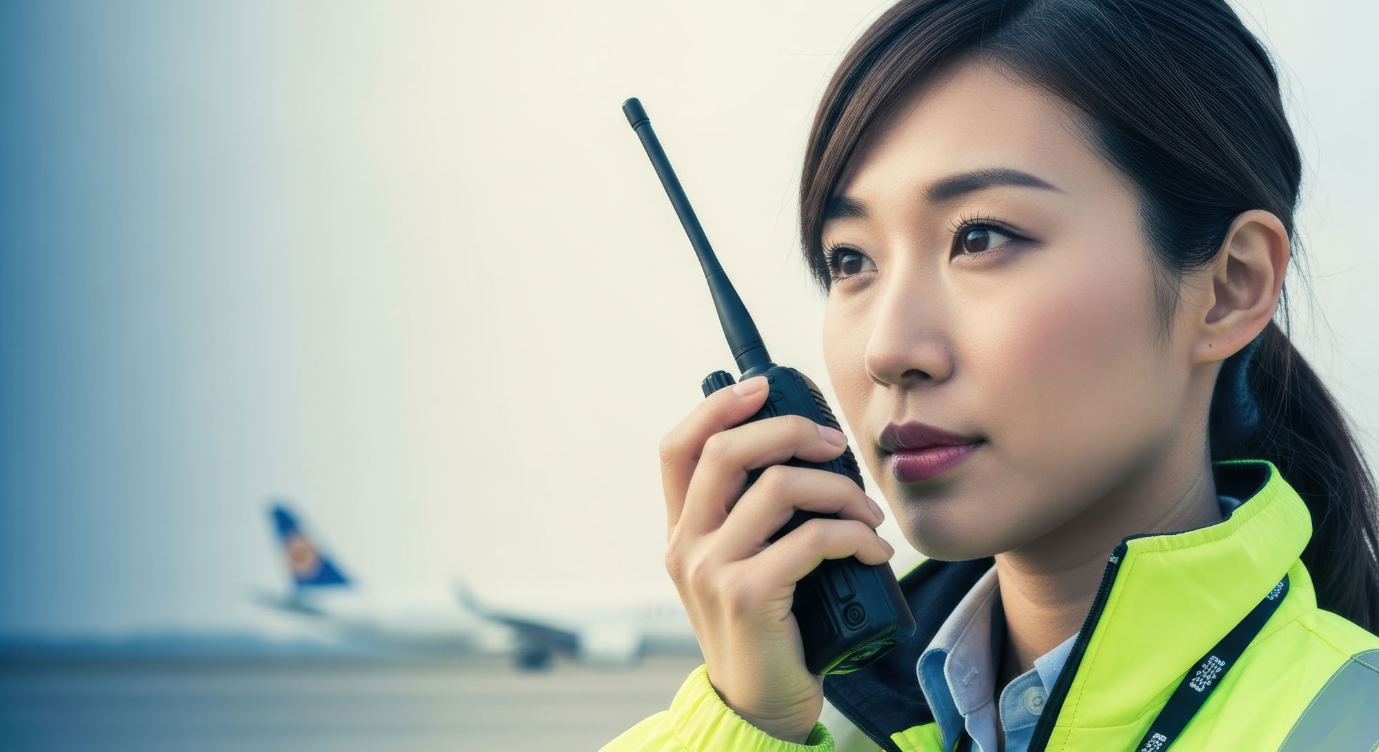 A woman speaking on walkie talkie